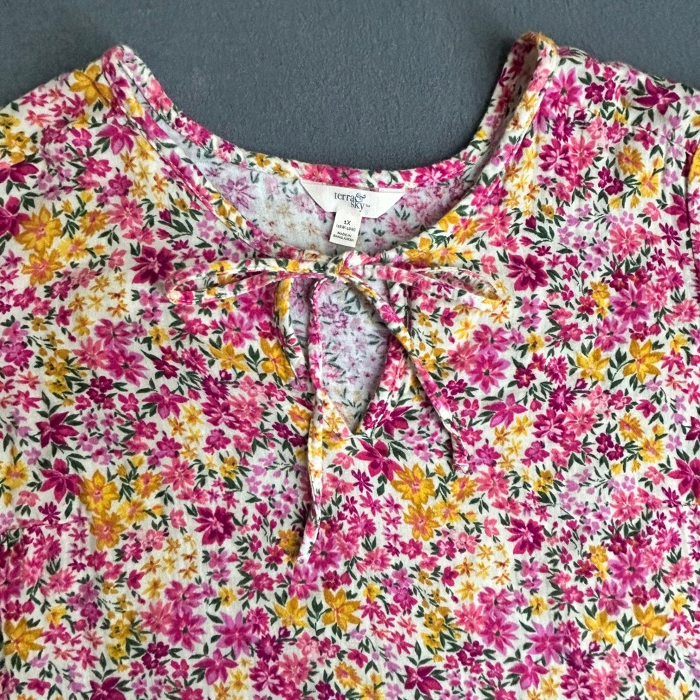 Terra & Sky Top Womens 1X Pink Floral Babydoll Tiered Cotton Short Sleeve Blouse - Picture 3 of 7